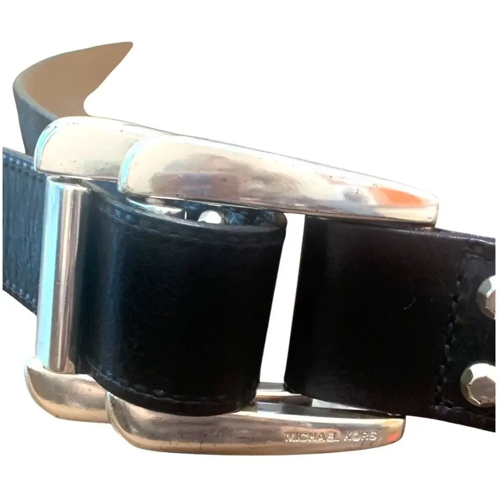 Michael Kors Calf Hair Black Leather Double Buckle Belt Sz LG/XL‎